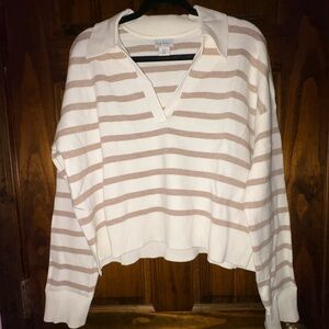 Nicole Miller V-Neck Cropped Beige and White Striped Sweater